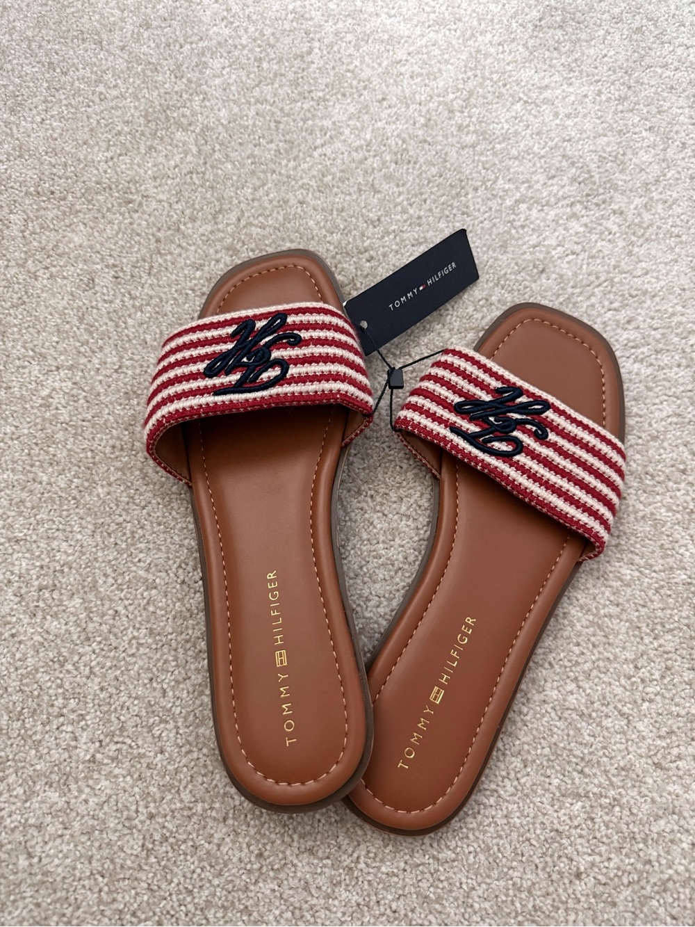 Tommy Hilfiger Red & White Striped Slide Sandals with Brown Footbed